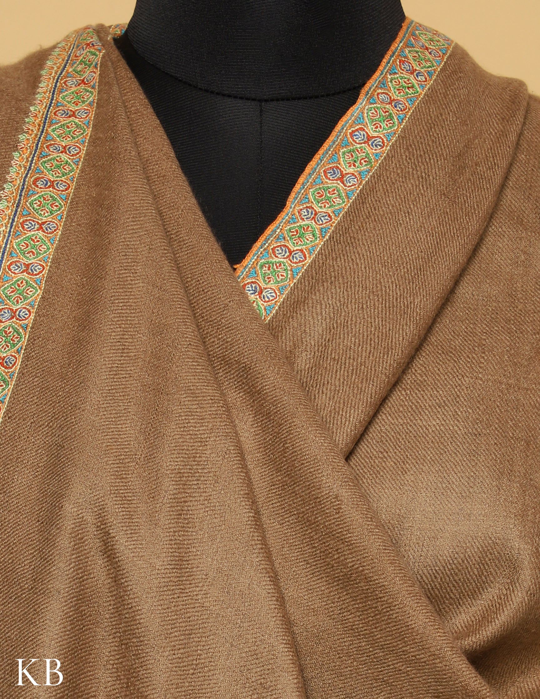 Earthy Brown Sozni Embroidered GI Pashmina Shawl - Kashmir Box