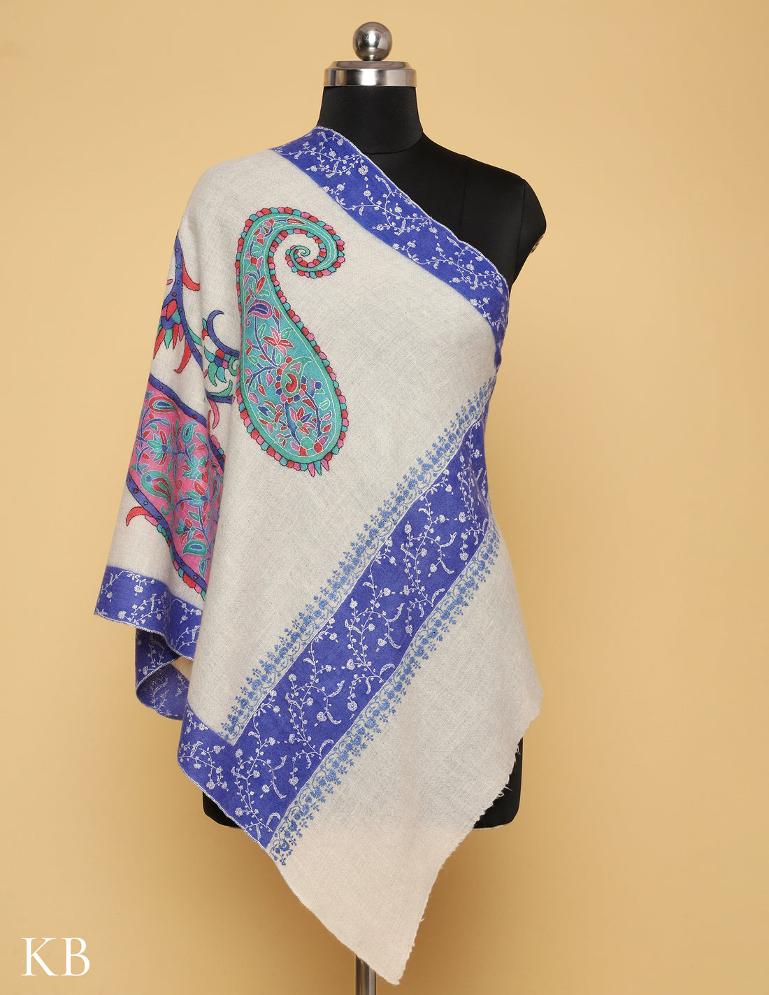 White Sozni Embroidered  Pure Pashmina Stole - Kashmir Box