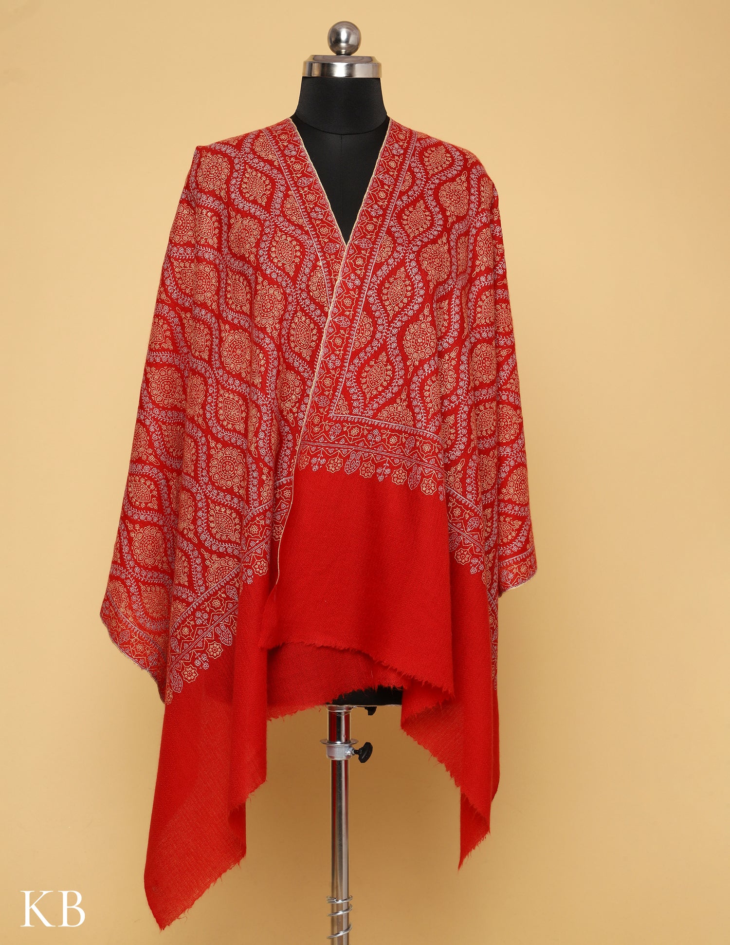 Cherry Red Sozni Embroidered Pure Pashmina Stole - Kashmir Box