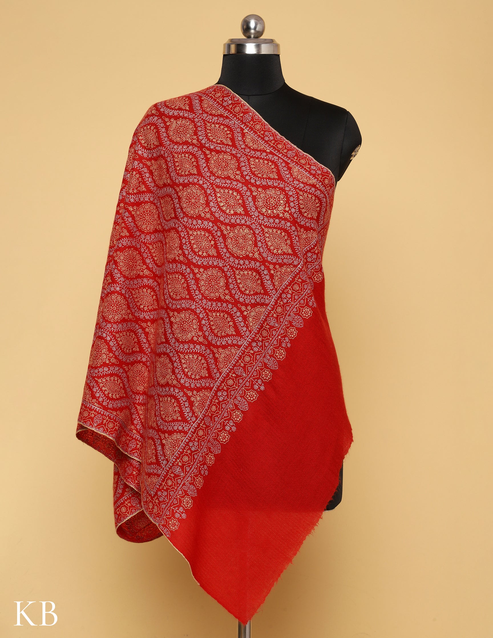 Cherry Red Sozni Embroidered Pure Pashmina Stole - Kashmir Box