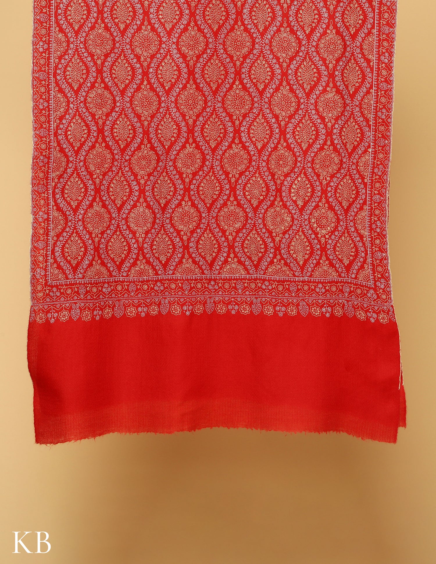 Cherry Red Sozni Embroidered Pure Pashmina Stole - Kashmir Box