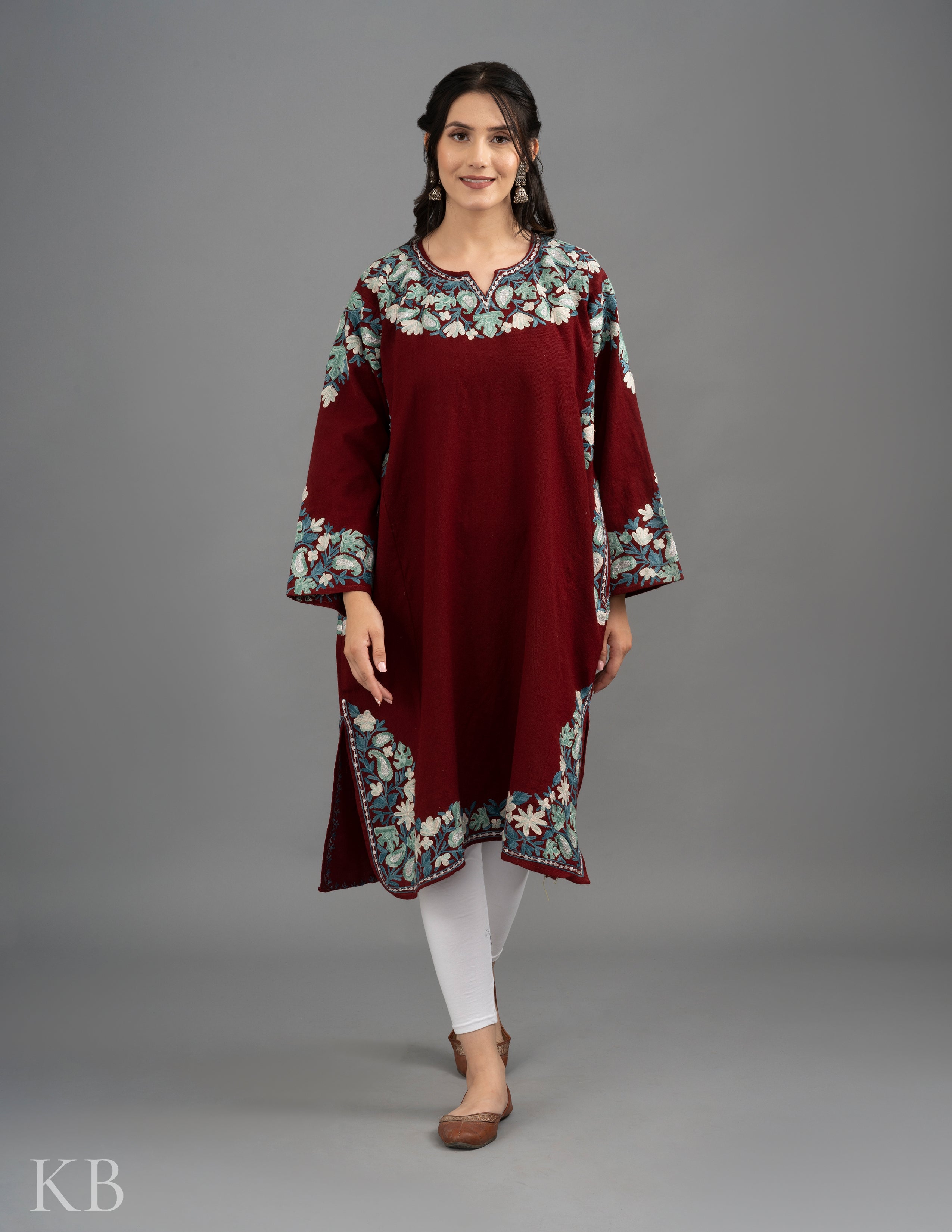 Grey and Red Silk Thread Aari Embroidered Kashmiri Dress | Angad Creations