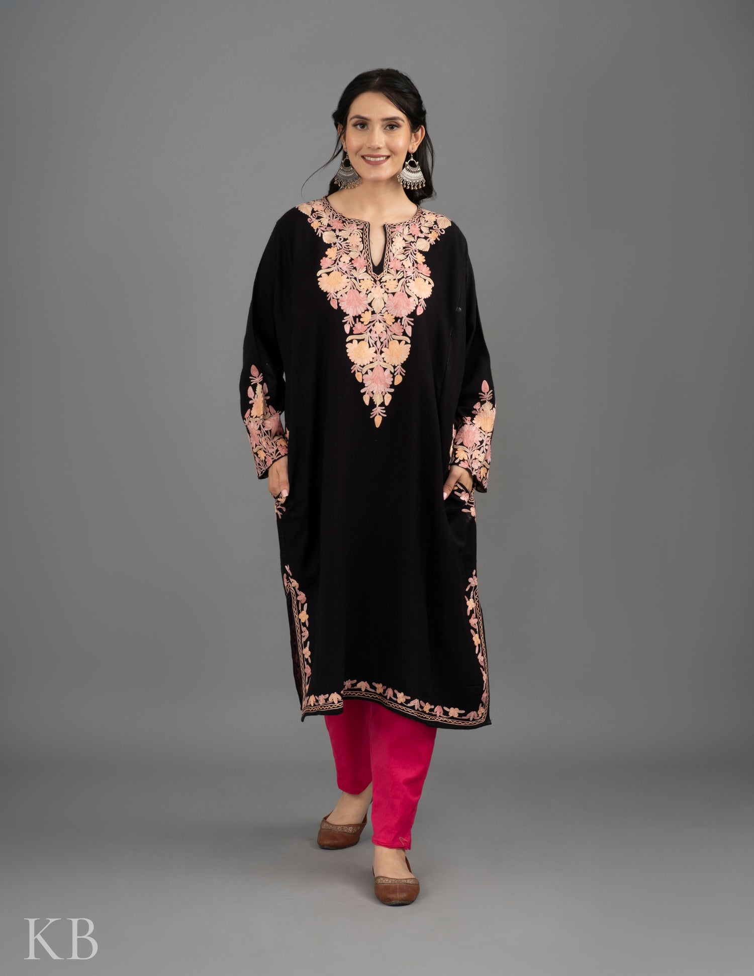 Pastel Neck Aari Embroidered Black Cashmilon Phiran - Kashmir Box