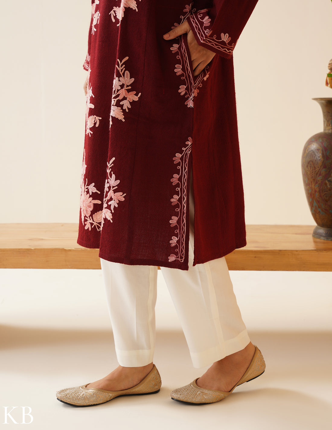 Rang-e-Khizan Pure Wool Maroon Bouquet Aari Phiran