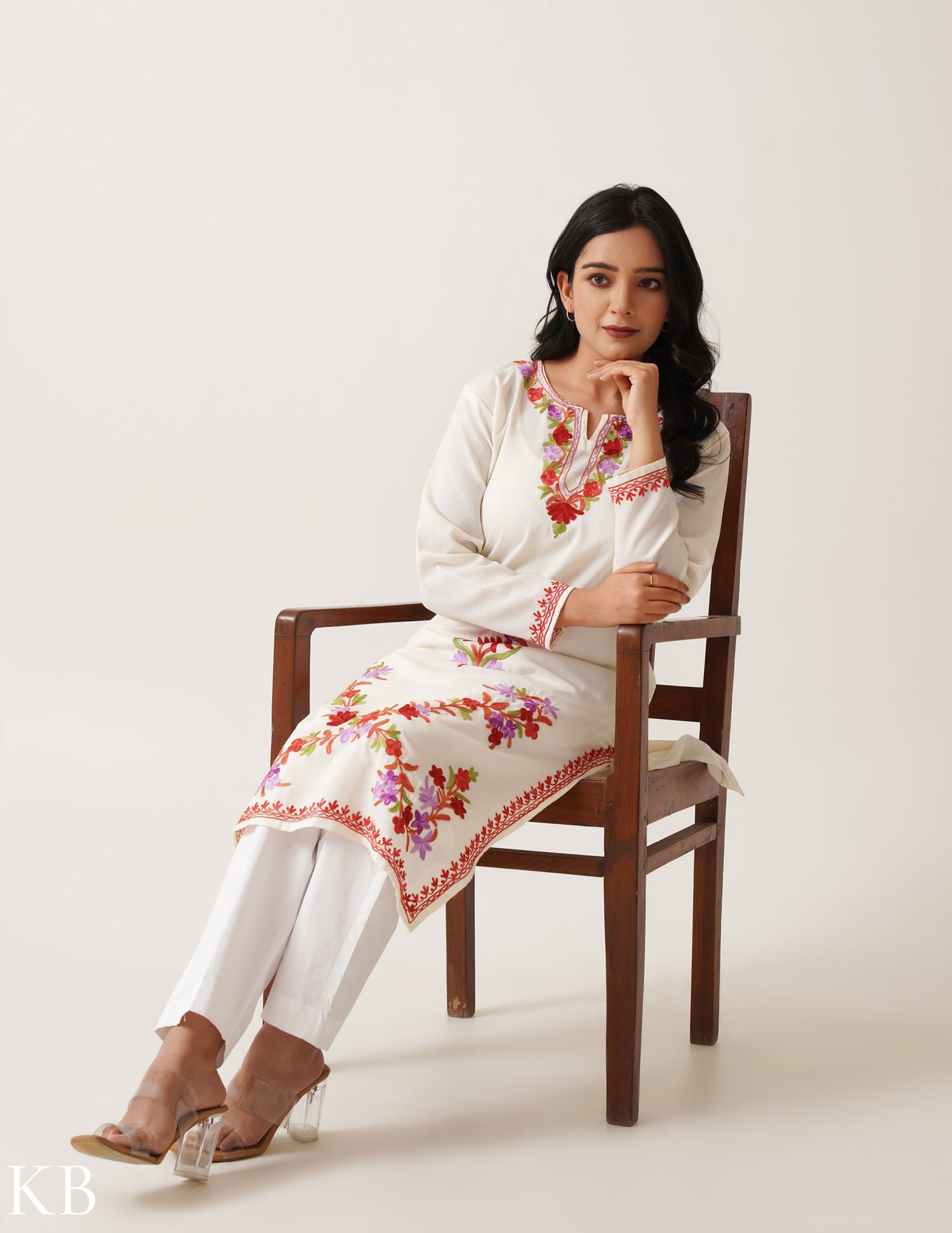 Off-White Aar Twined Floral Embroidery Cotton Kurti - Kashmir Box