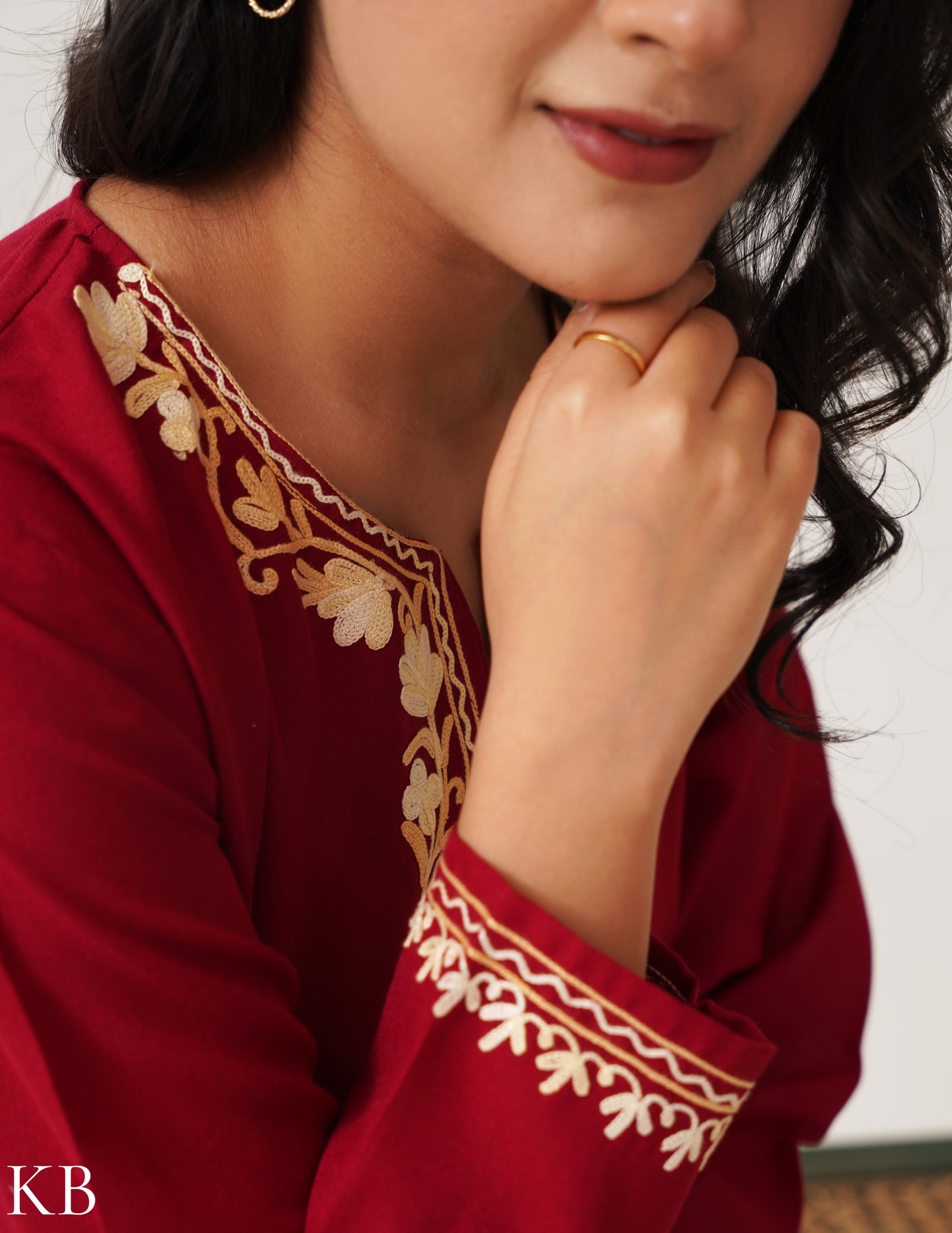 Cherry Red Cool Cotton Kurti with Beige Embroidery - Kashmir Box