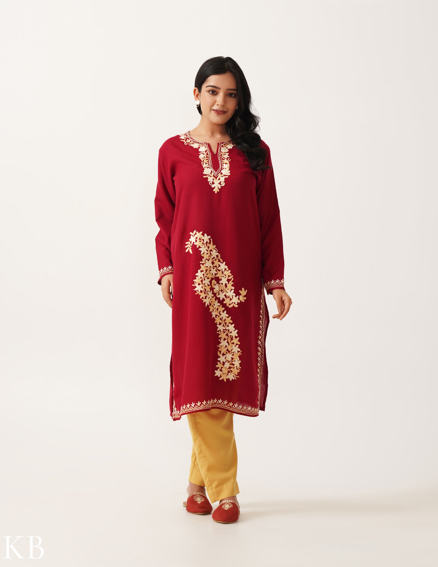 Cherry Red Cool Cotton Kurti with Beige Embroidery - Kashmir Box