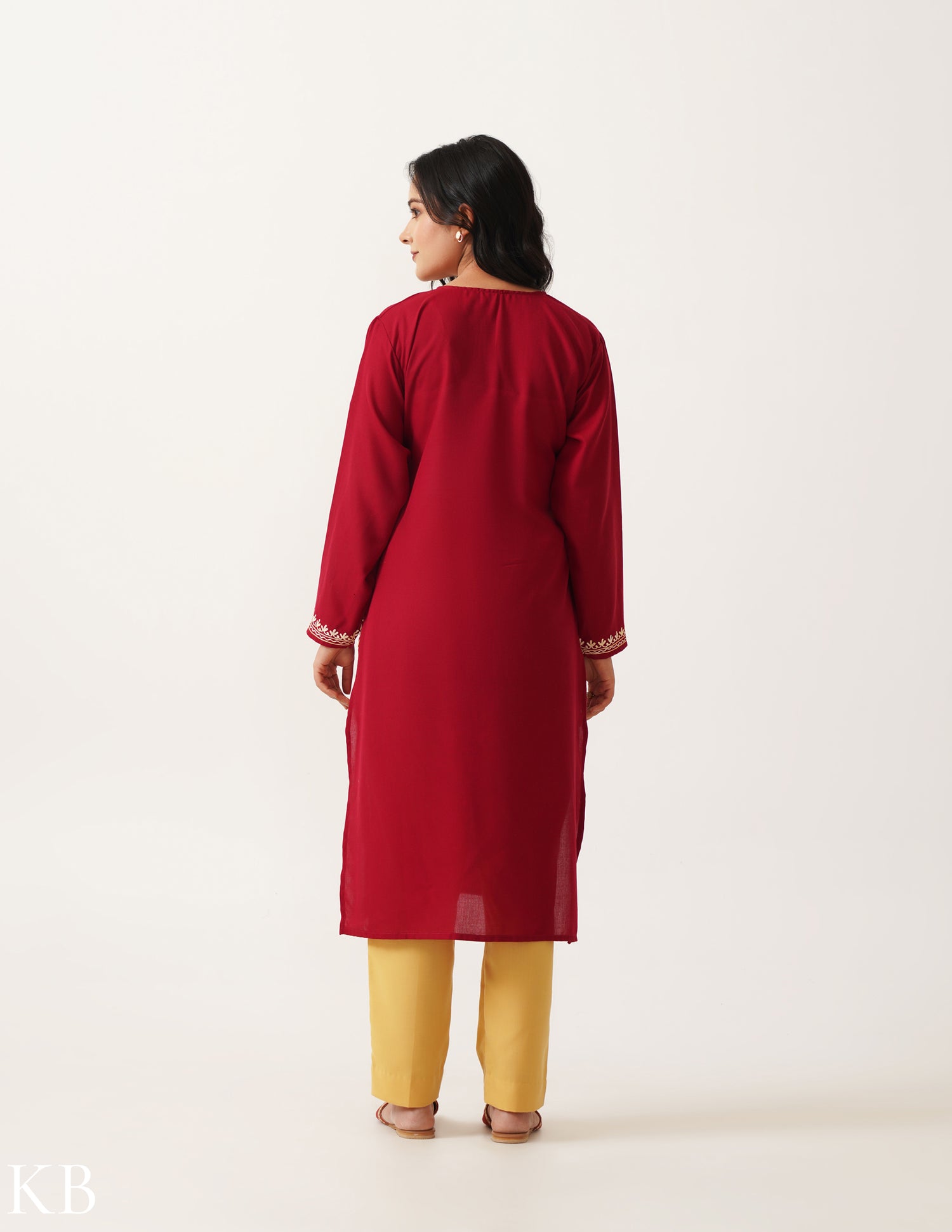 Cherry Red Cool Cotton Kurti with Beige Embroidery - Kashmir Box