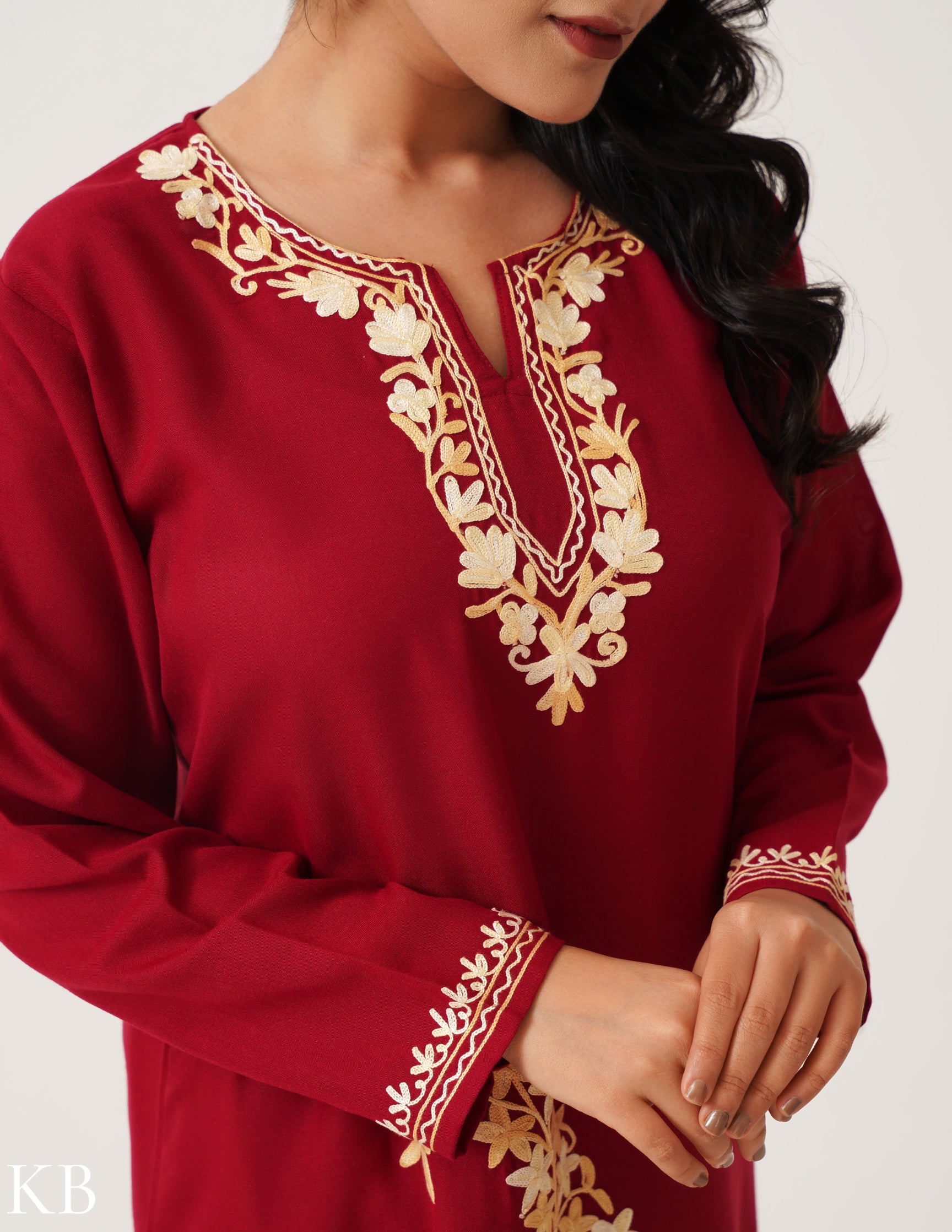 Cherry Red Cool Cotton Kurti with Beige Embroidery - Kashmir Box