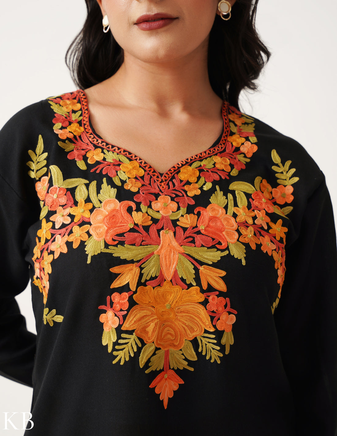 Black Cotton Kurti with Multi-hued Floral Aari Embroidery - Kashmir Box