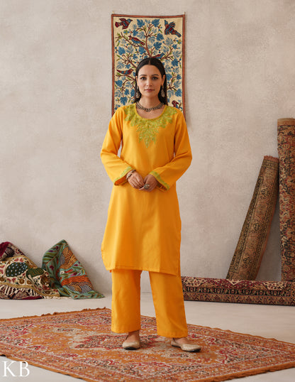 meHER Sun Yellow Kashmiri Aari Woollen Co-ord Set