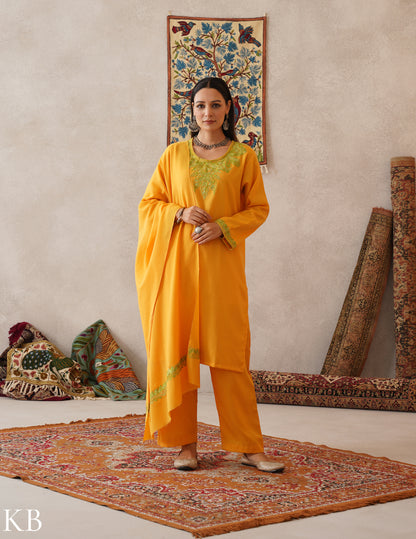 meHER Sun Yellow Kashmiri Aari Woollen Co-ord Set