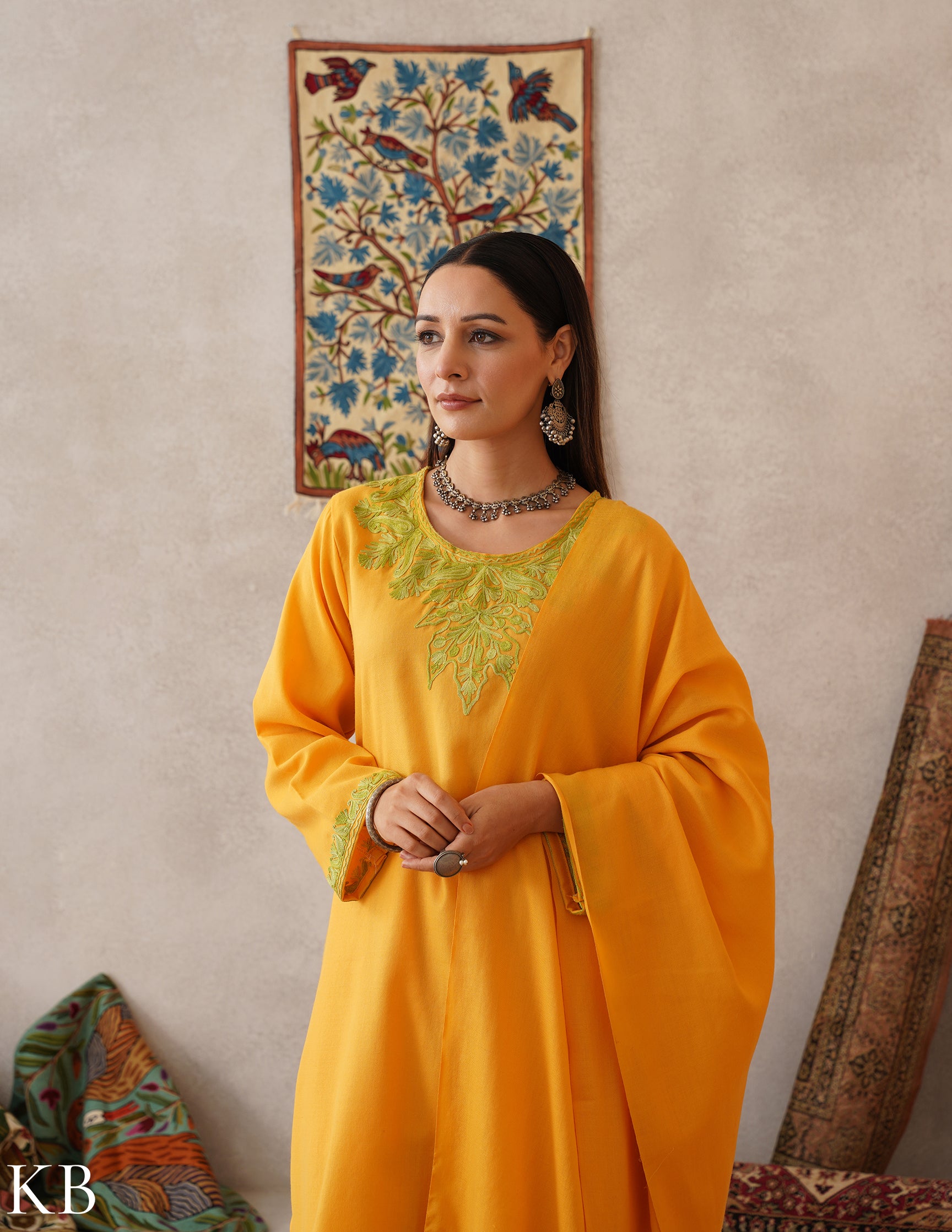 meHER Sun Yellow Kashmiri Aari Woollen Co-ord Set