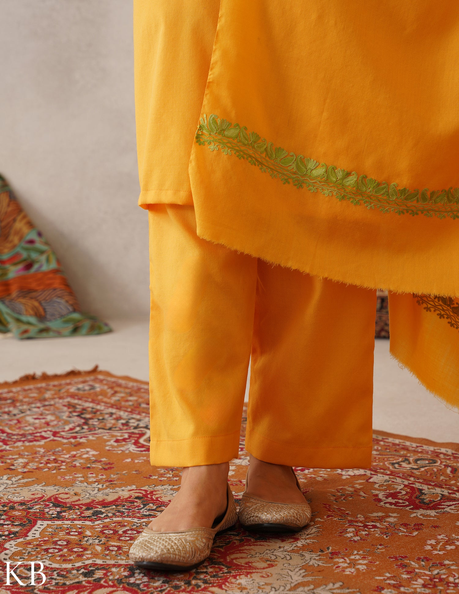 meHER Sun Yellow Kashmiri Aari Woollen Co-ord Set