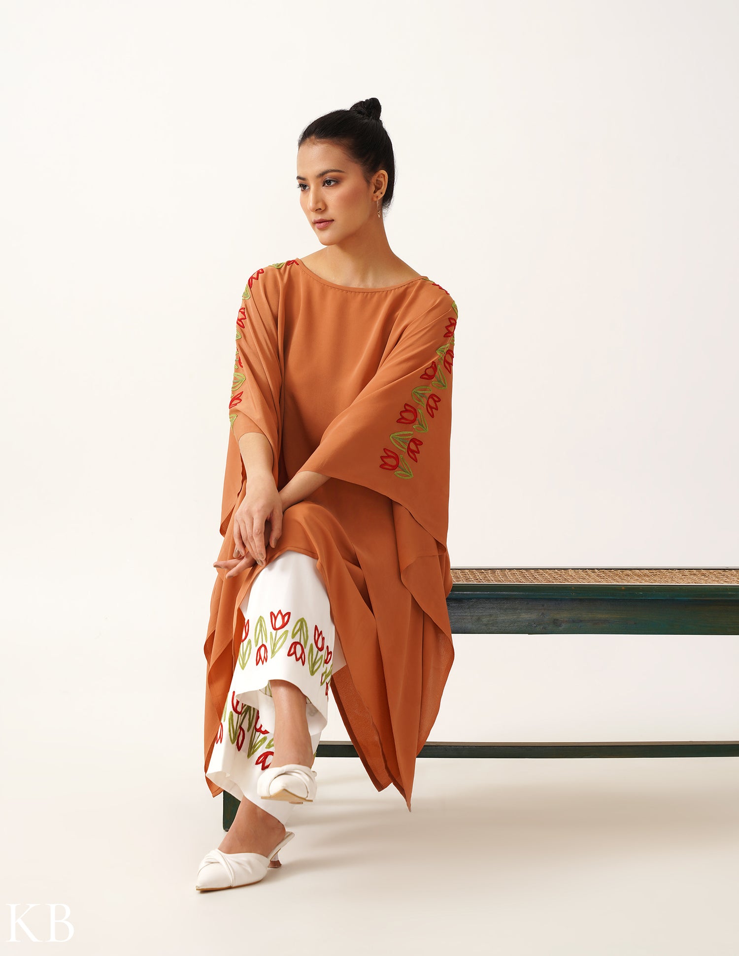 Lilium Rust Hand Aari Embellished Kaftan Set - Kashmir Box