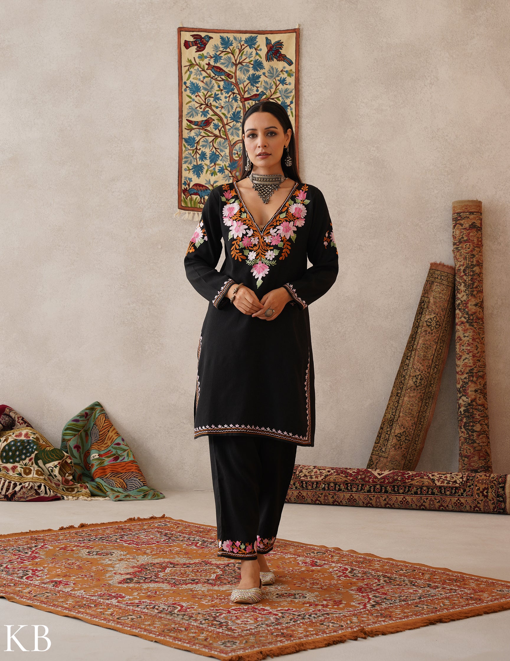 meHER Bold Black Kashmiri Aari Woollen Co-ord Set