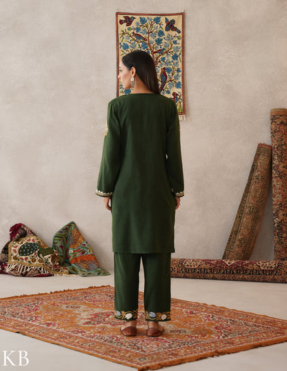 meHER Deep Forest Green Kashmiri Aari Woollen Co-ord Set