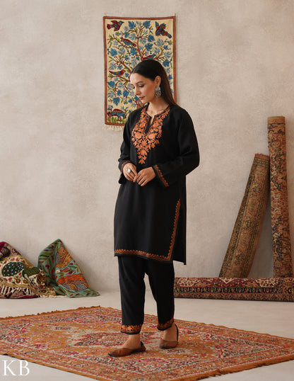 meHER Classic Black Kashmiri Copper Zari Woollen Co-ord Set