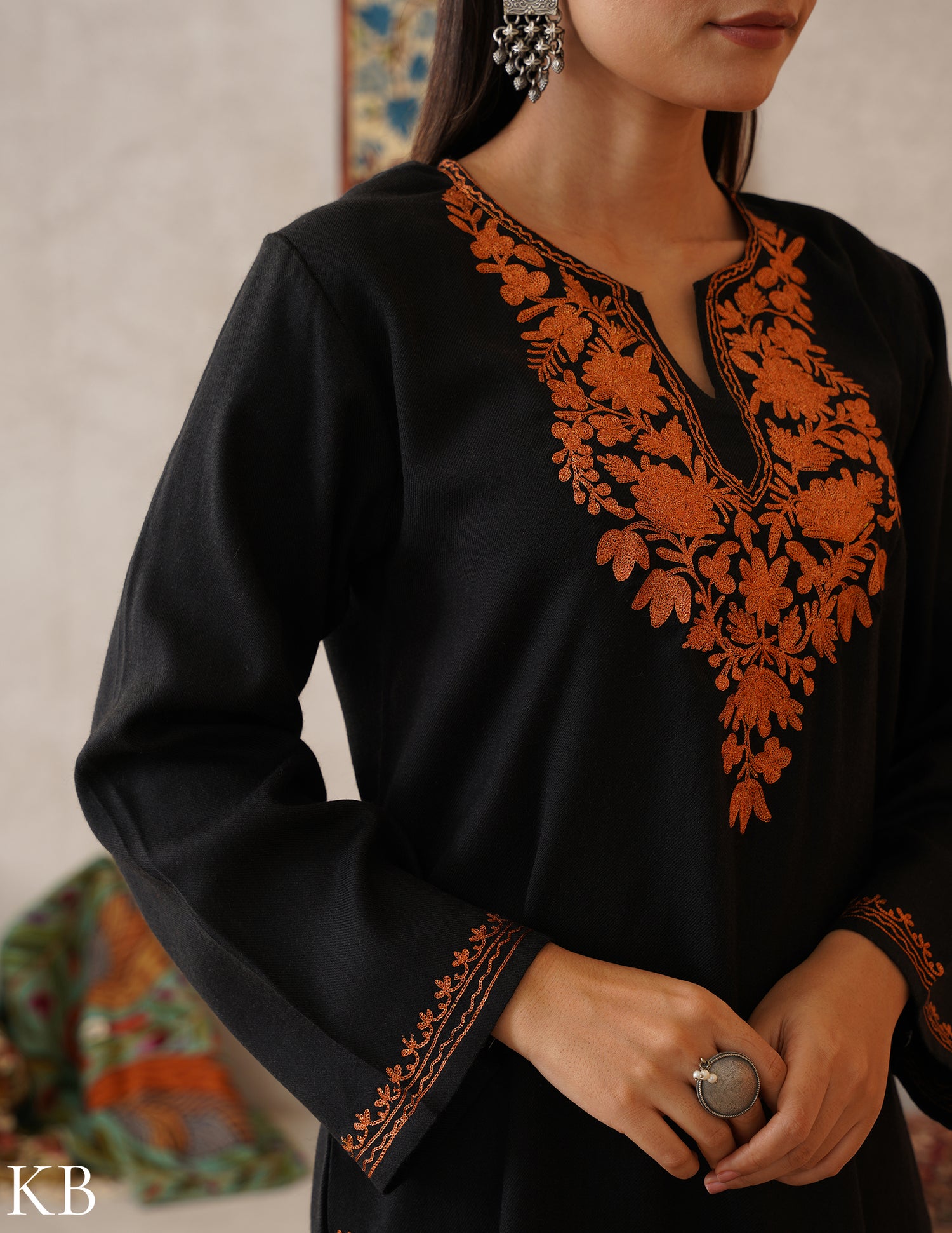 meHER Classic Black Kashmiri Copper Zari Woollen Co-ord Set