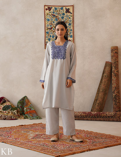 meHER Water Grey Kashmiri Aari Woollen Co-ord Set