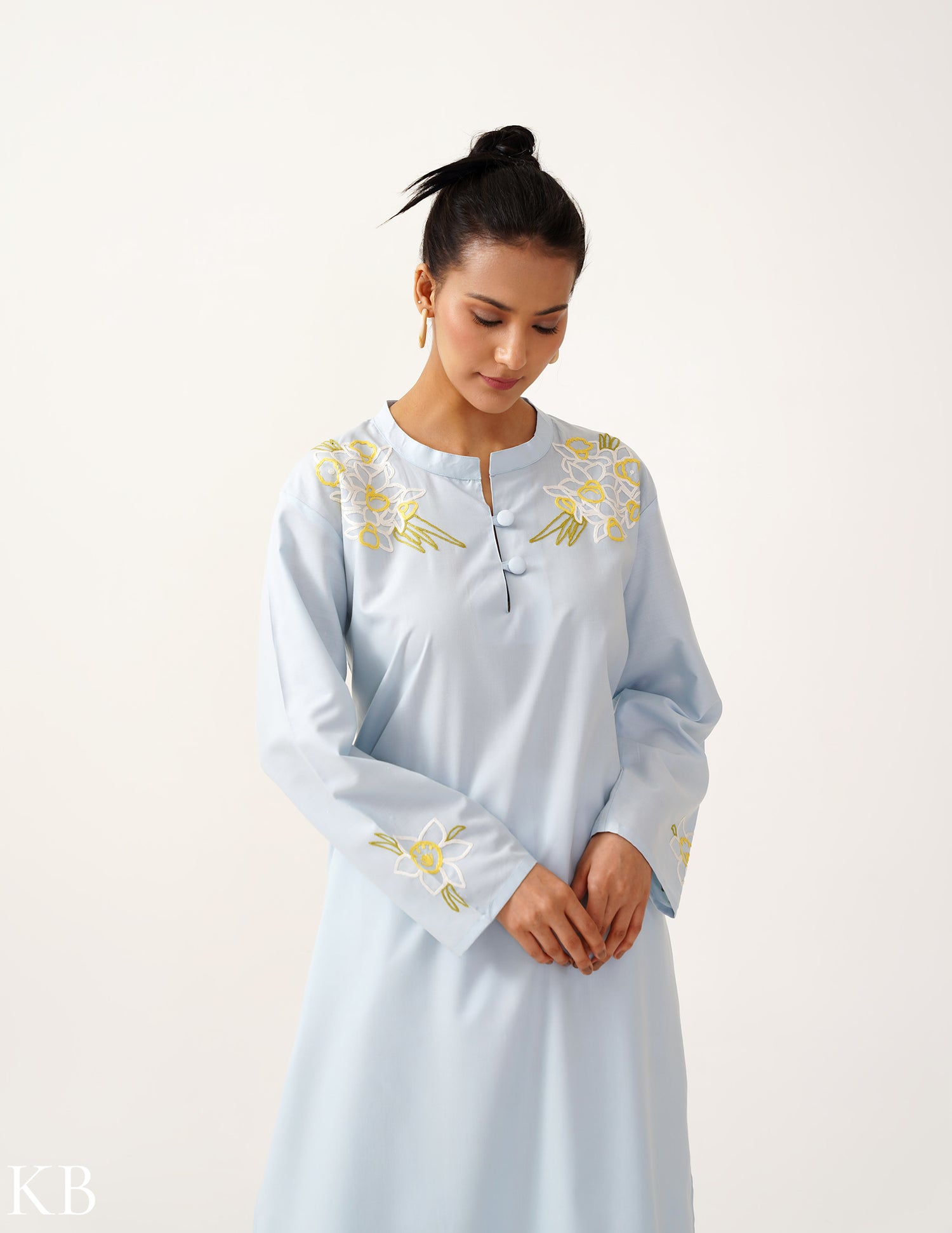 Amaryllis Hand Embroidered Straight Fit Pastel Blue Kurta Set - Kashmir Box