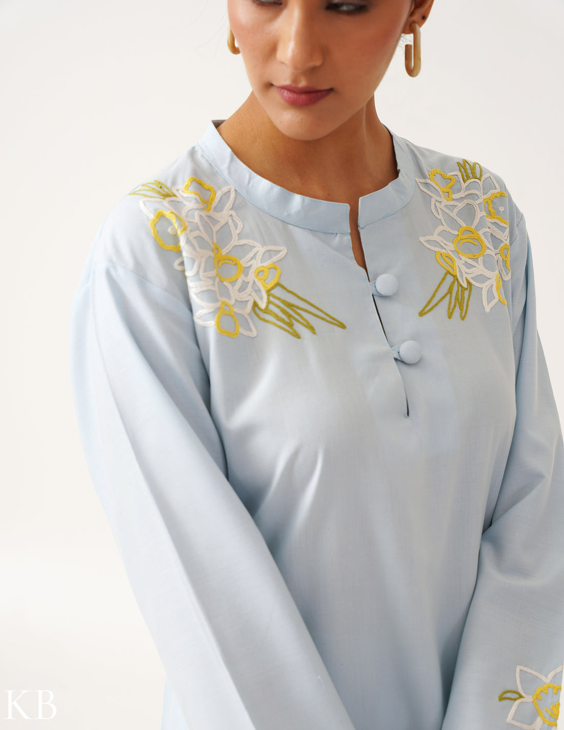 Amaryllis Hand Embroidered Straight Fit Pastel Blue Kurta Set - Kashmir Box