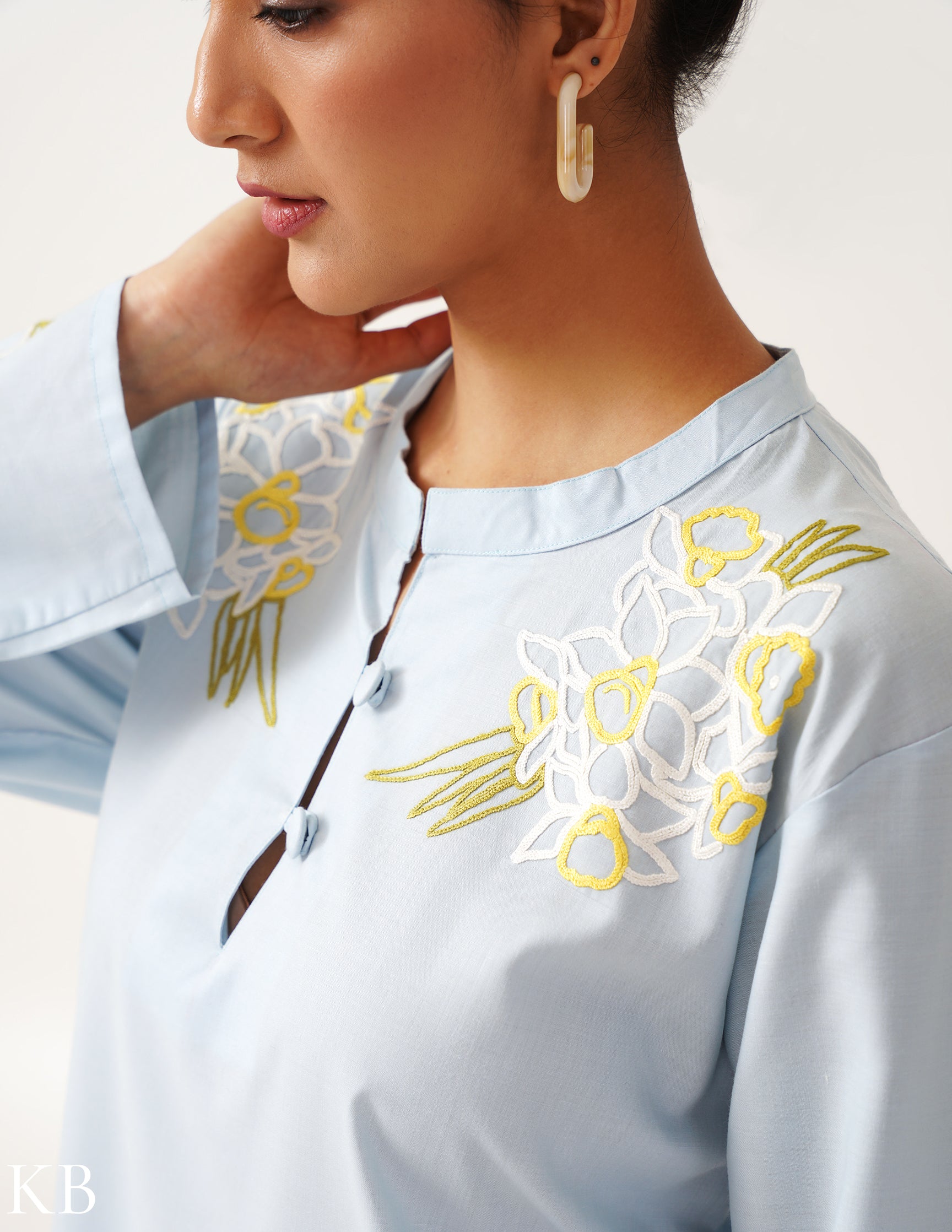 Amaryllis Hand Embroidered Straight Fit Pastel Blue Kurta Set - Kashmir Box