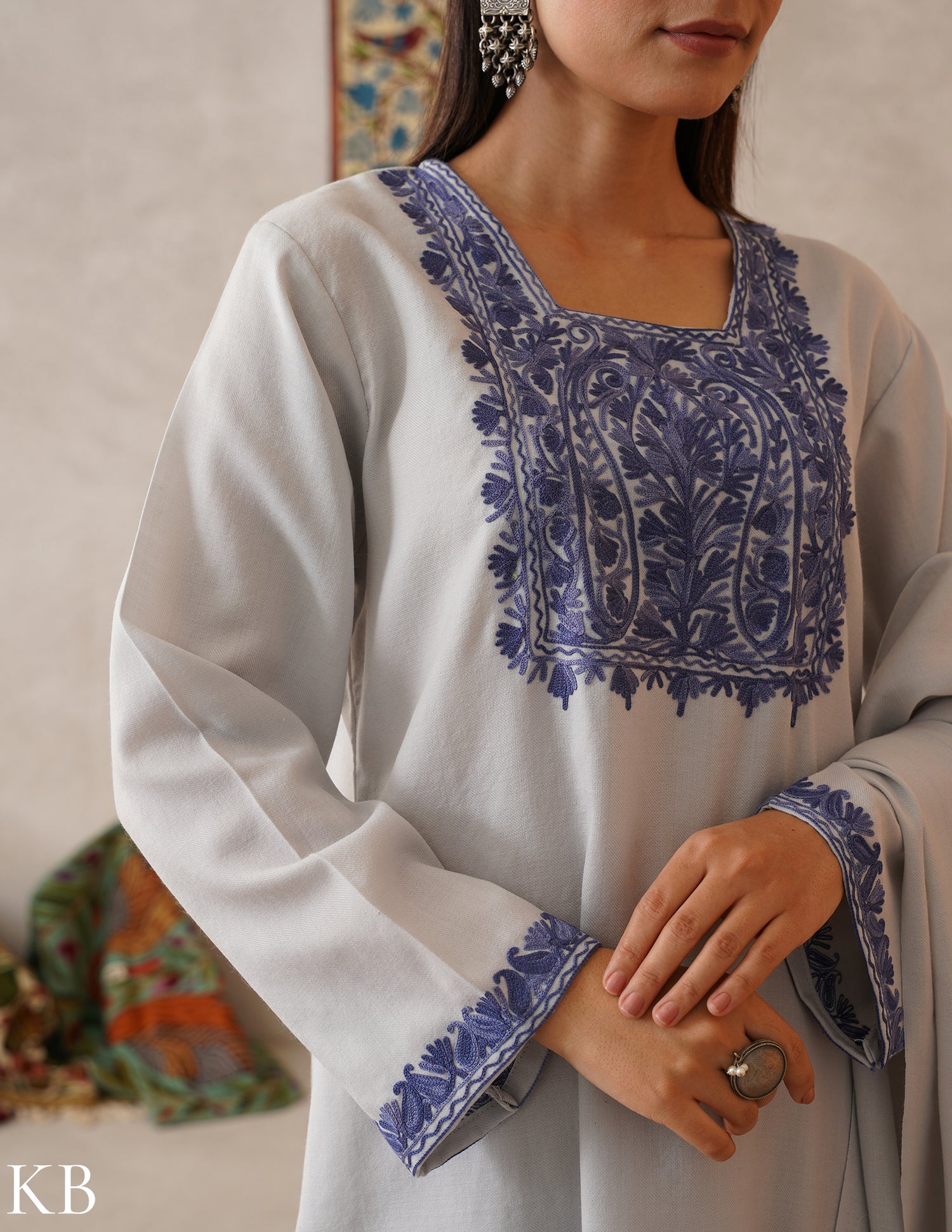 meHER Water Grey Kashmiri Aari Woollen Co-ord Set