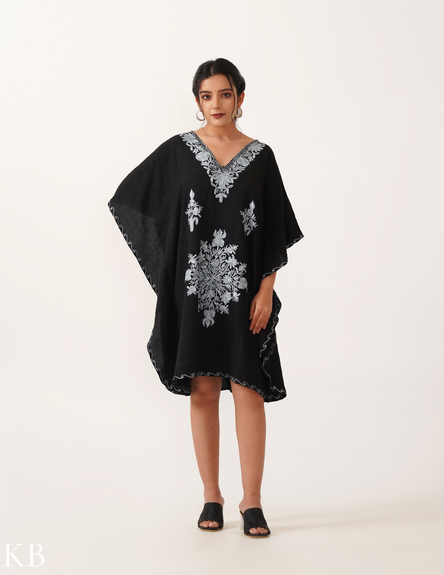 Ash Aari Embroidery on Black Crushed Cotton Short Kaftan - Kashmir Box