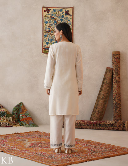 meHER Cream White Kashmiri Silver Zari Woollen Co-ord Set