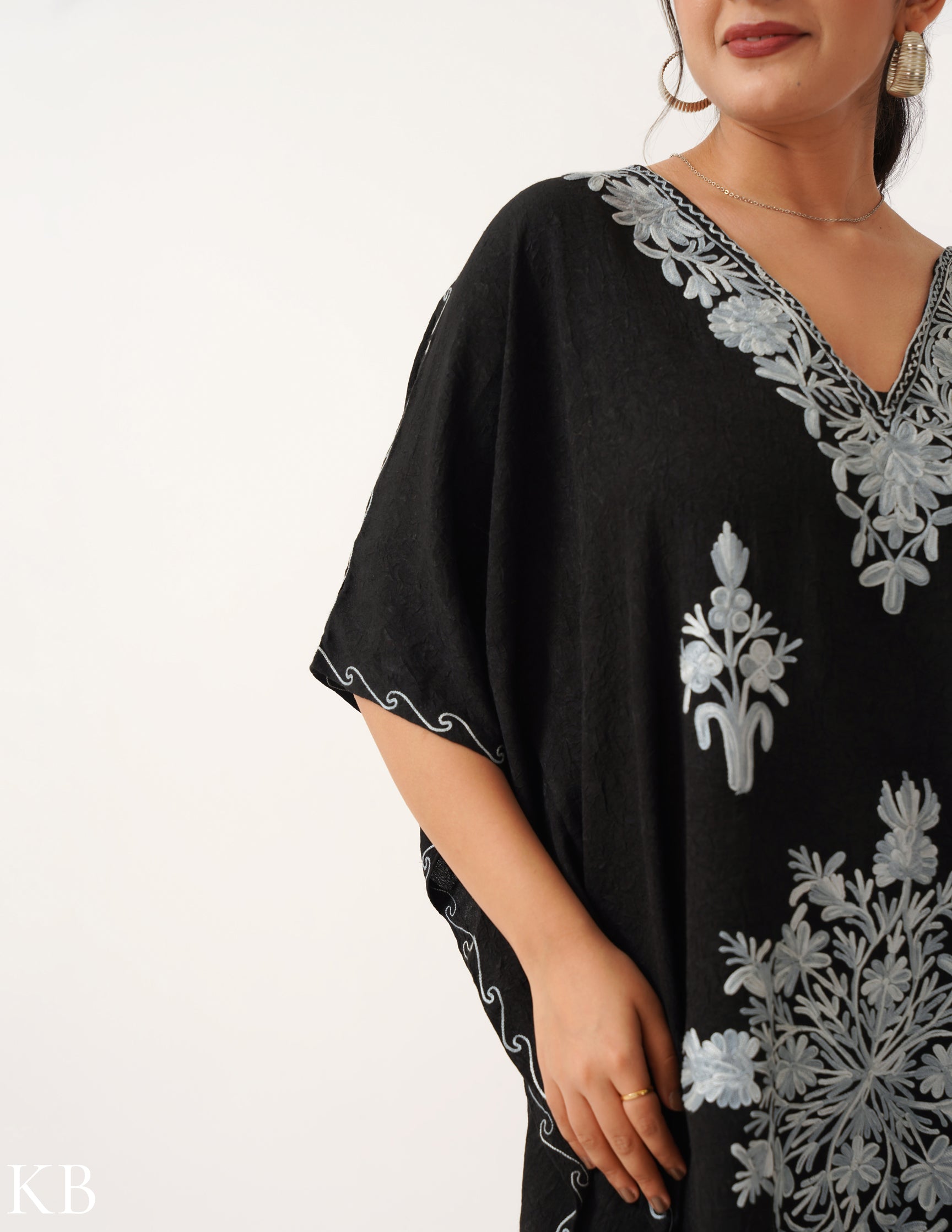 Ash Aari Embroidery on Black Crushed Cotton Short Kaftan - Kashmir Box