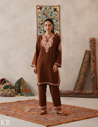 meHER Chocolate Brown Kashmiri Aari Woollen Co-ord Set