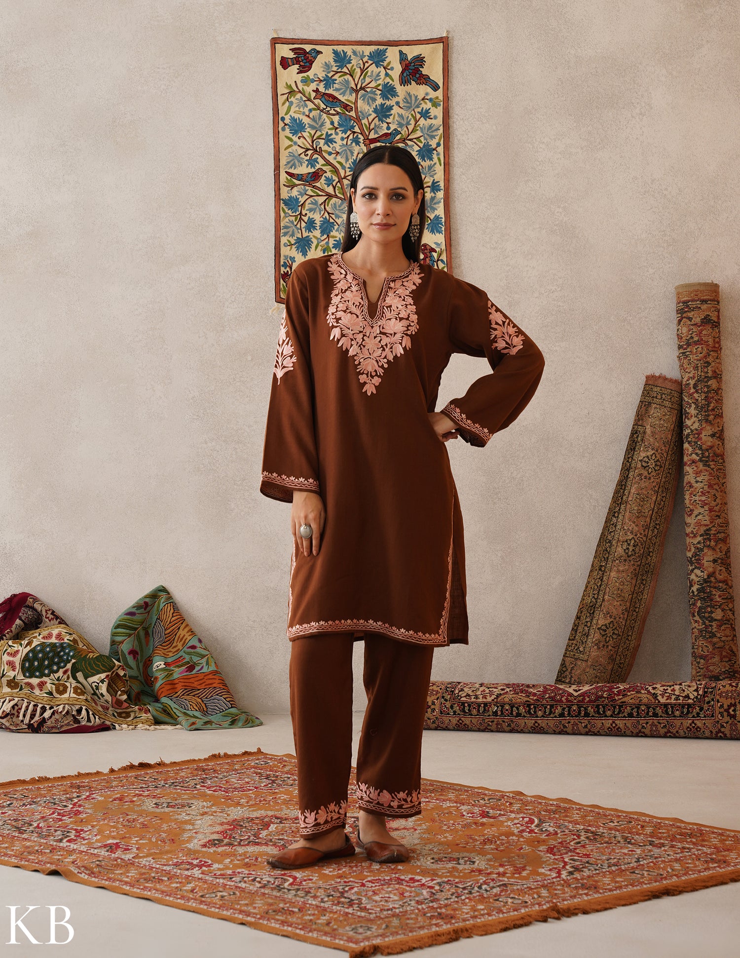 meHER Chocolate Brown Kashmiri Aari Woollen Co-ord Set