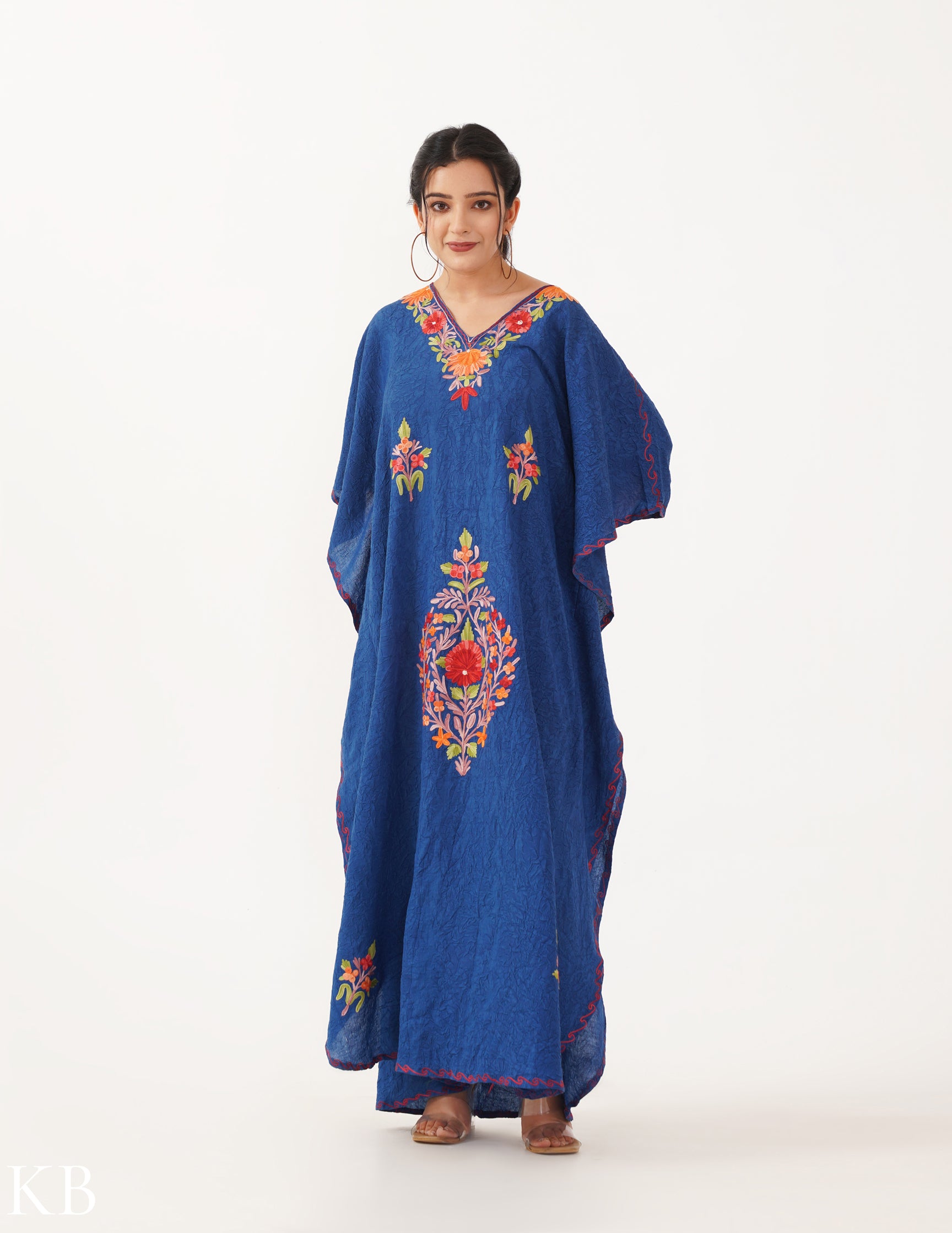 Bloom Embroidered Indigo Crushed Cotton Kaftan - Kashmir Box