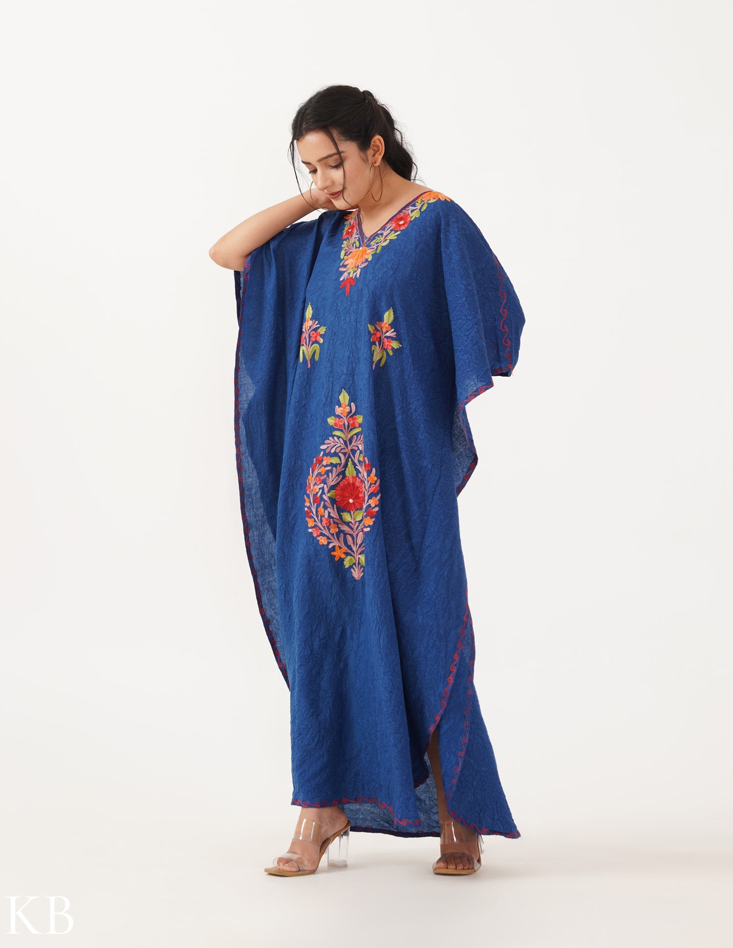 Bloom Embroidered Indigo Crushed Cotton Kaftan - Kashmir Box