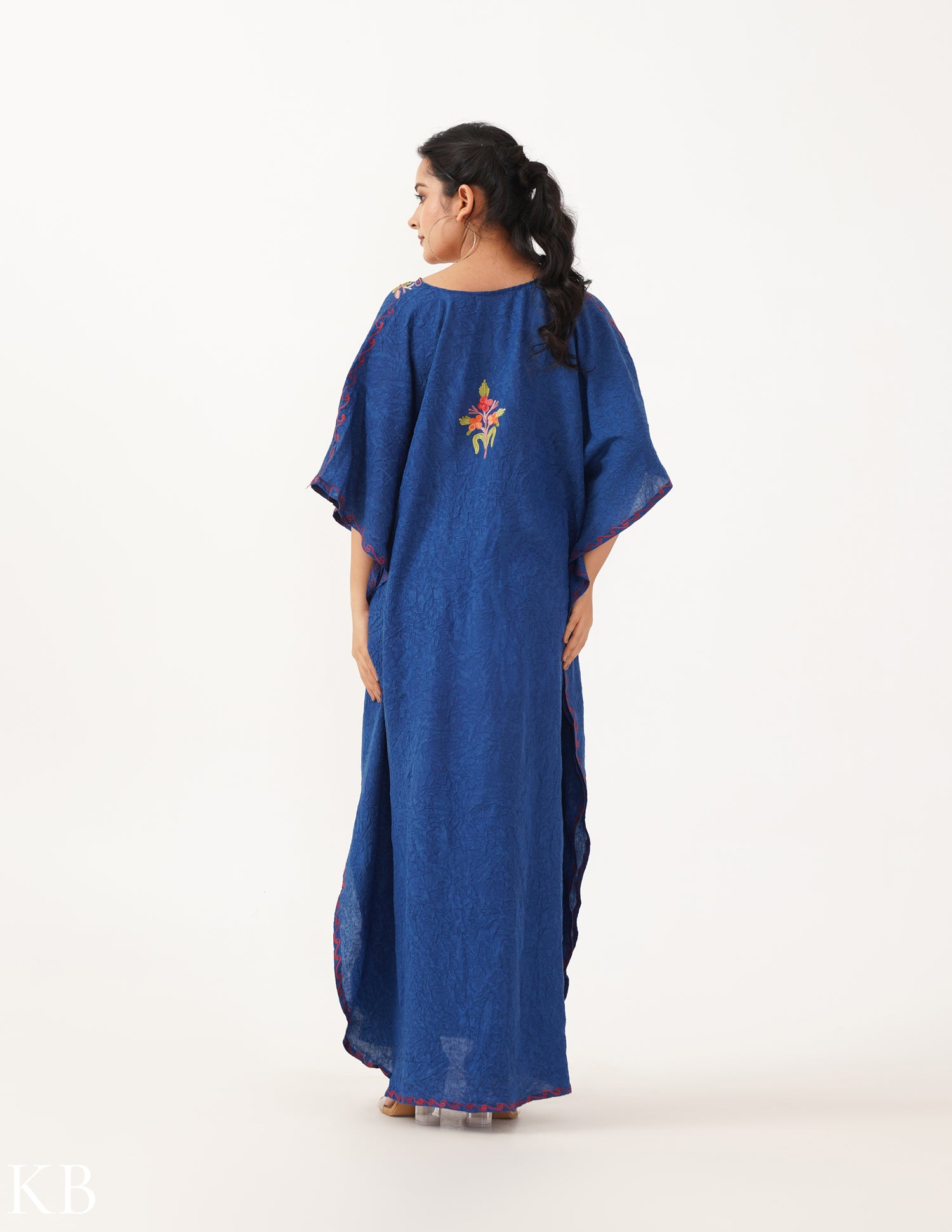 Bloom Embroidered Indigo Crushed Cotton Kaftan - Kashmir Box