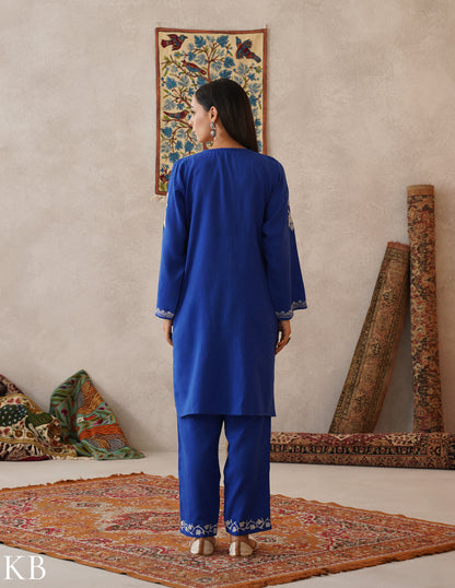 meHER Royal Blue Kashmiri Aari Woollen Co-ord Set