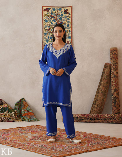 meHER Royal Blue Kashmiri Aari Woollen Co-ord Set