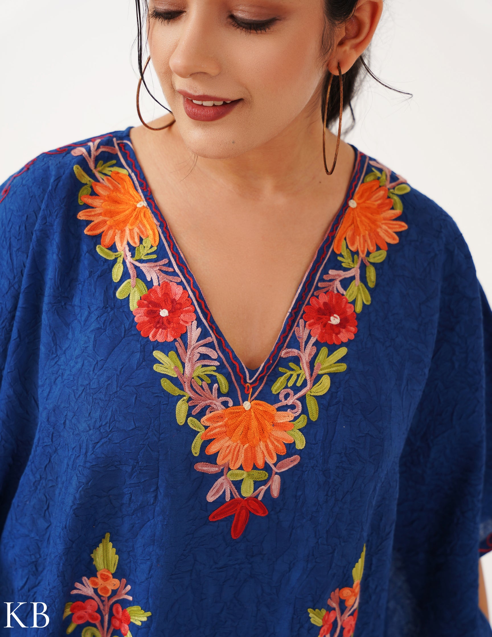 Bloom Embroidered Indigo Crushed Cotton Kaftan - Kashmir Box