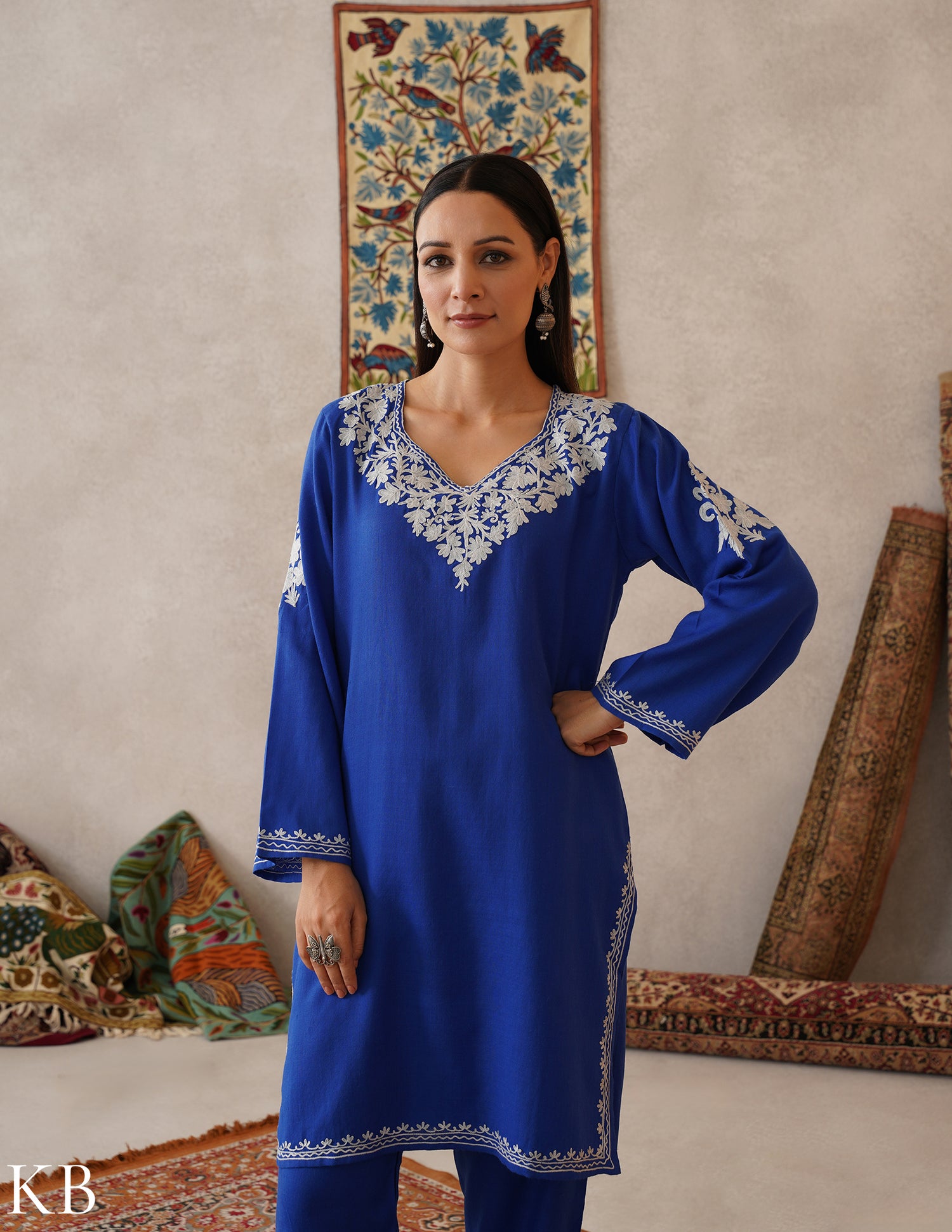 meHER Royal Blue Kashmiri Aari Woollen Co-ord Set