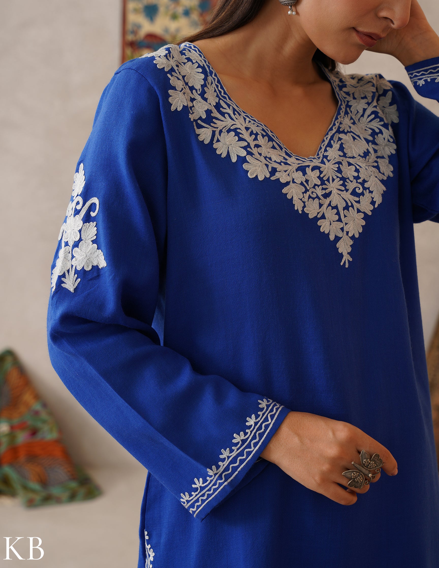 meHER Royal Blue Kashmiri Aari Woollen Co-ord Set