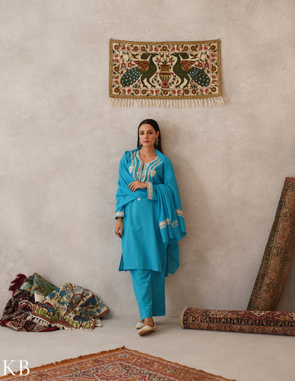 meHER Sky Blue Kashmiri Aari Woollen Co-ord Set