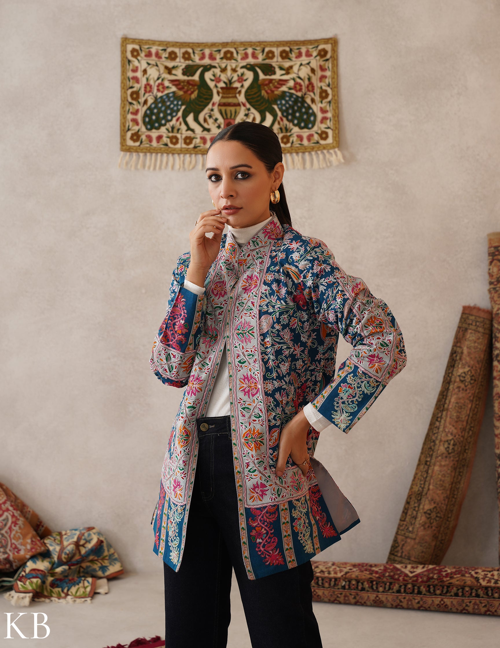 Buy Blue Wool Kalamkari Print Embroidered Jacket for Women Kashmir Box KashmirBox