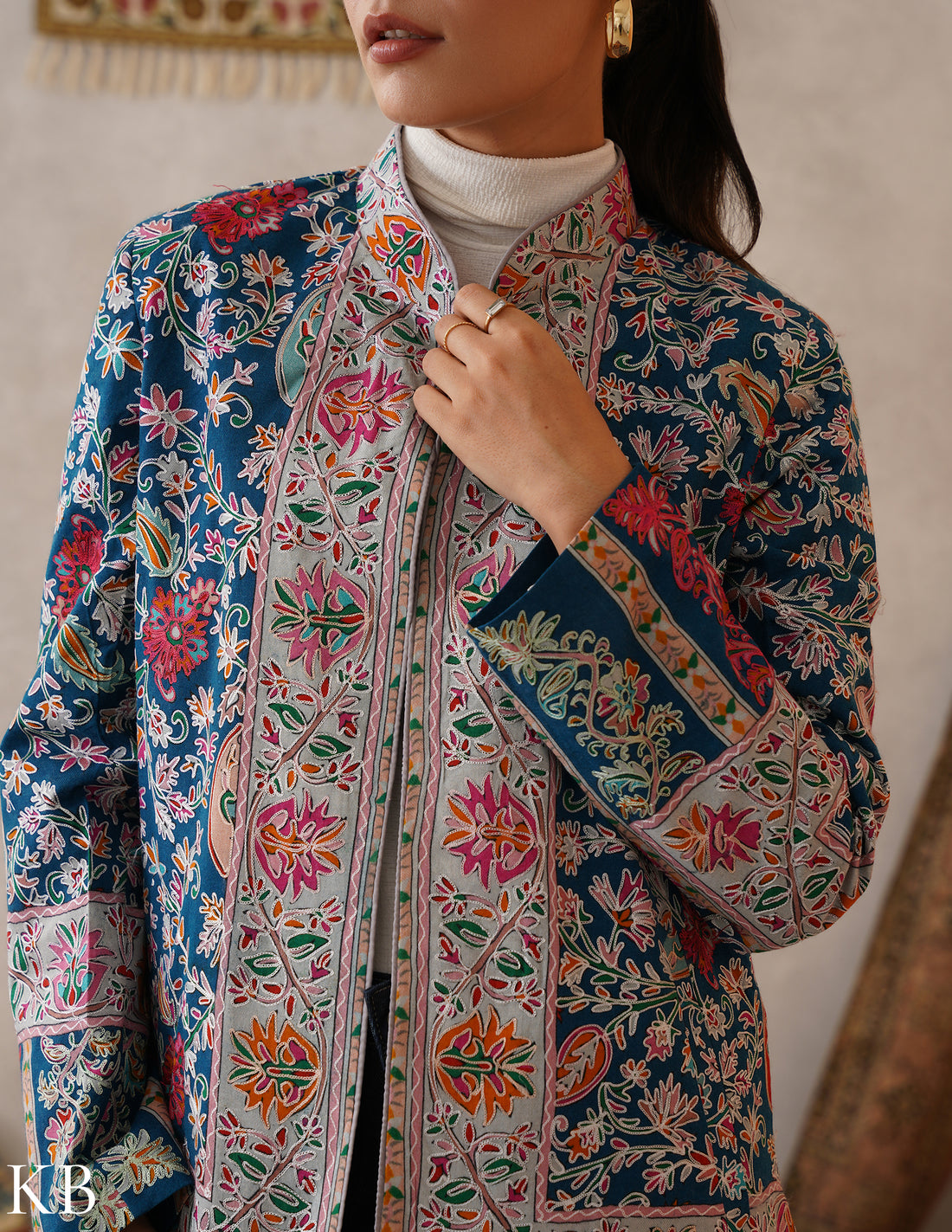 Nayaab Regal Blue Kashmiri Kalamkari Sozni Outlined Fine Wool Jacket