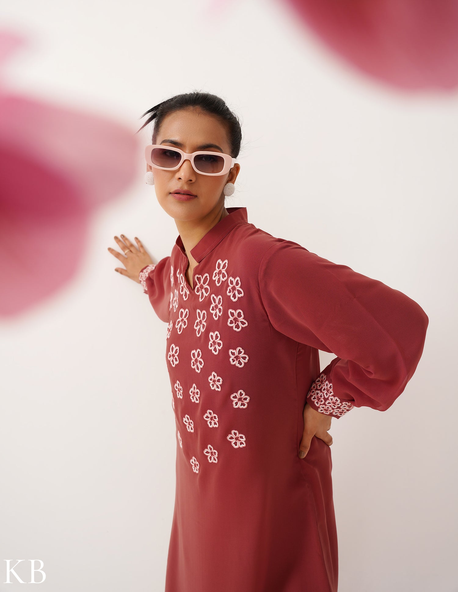 Berry Artisanal Embroidered Blush Balloon Sleeves Georgette Tunic - Kashmir Box