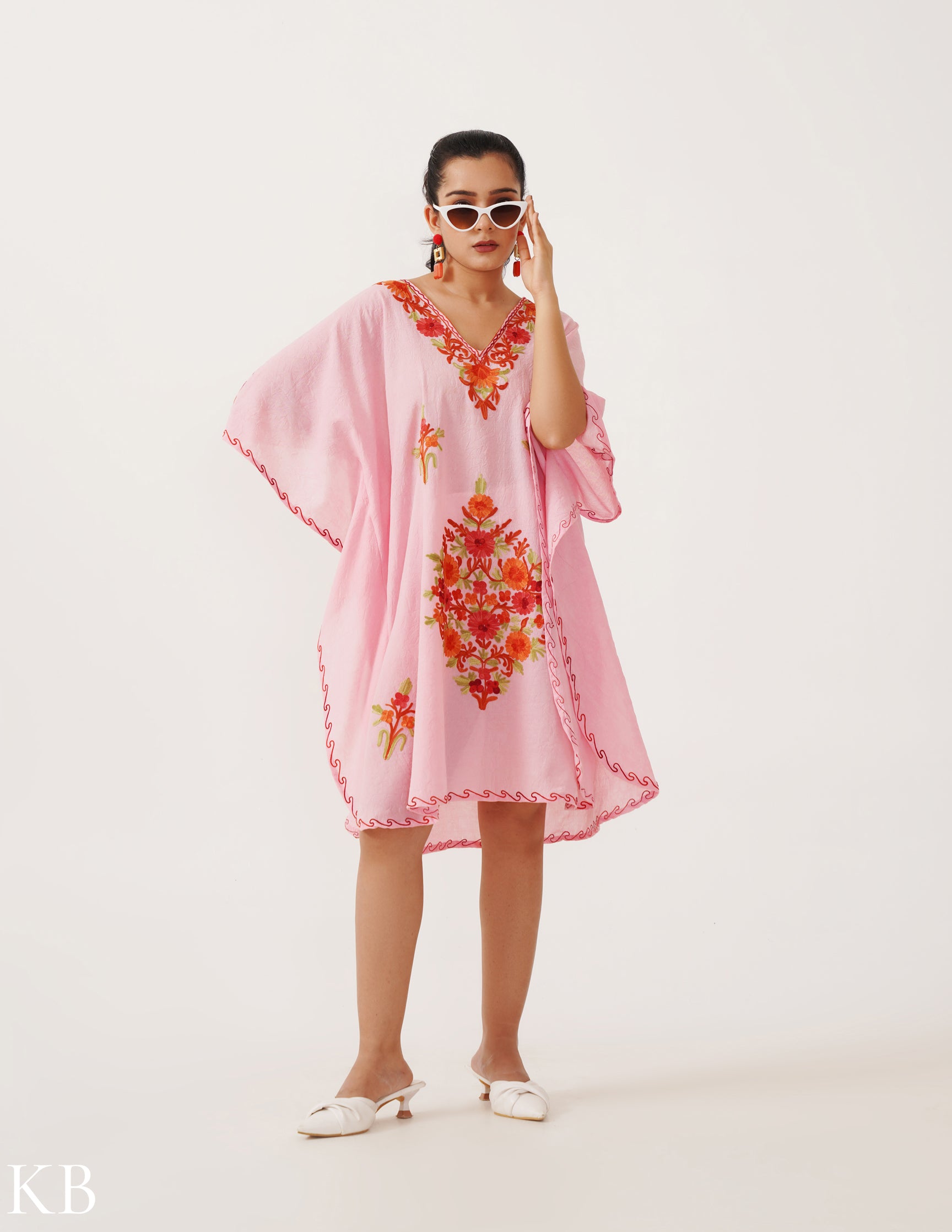 Cotton Candy Pink Embroidered Short Kaftan - Kashmir Box