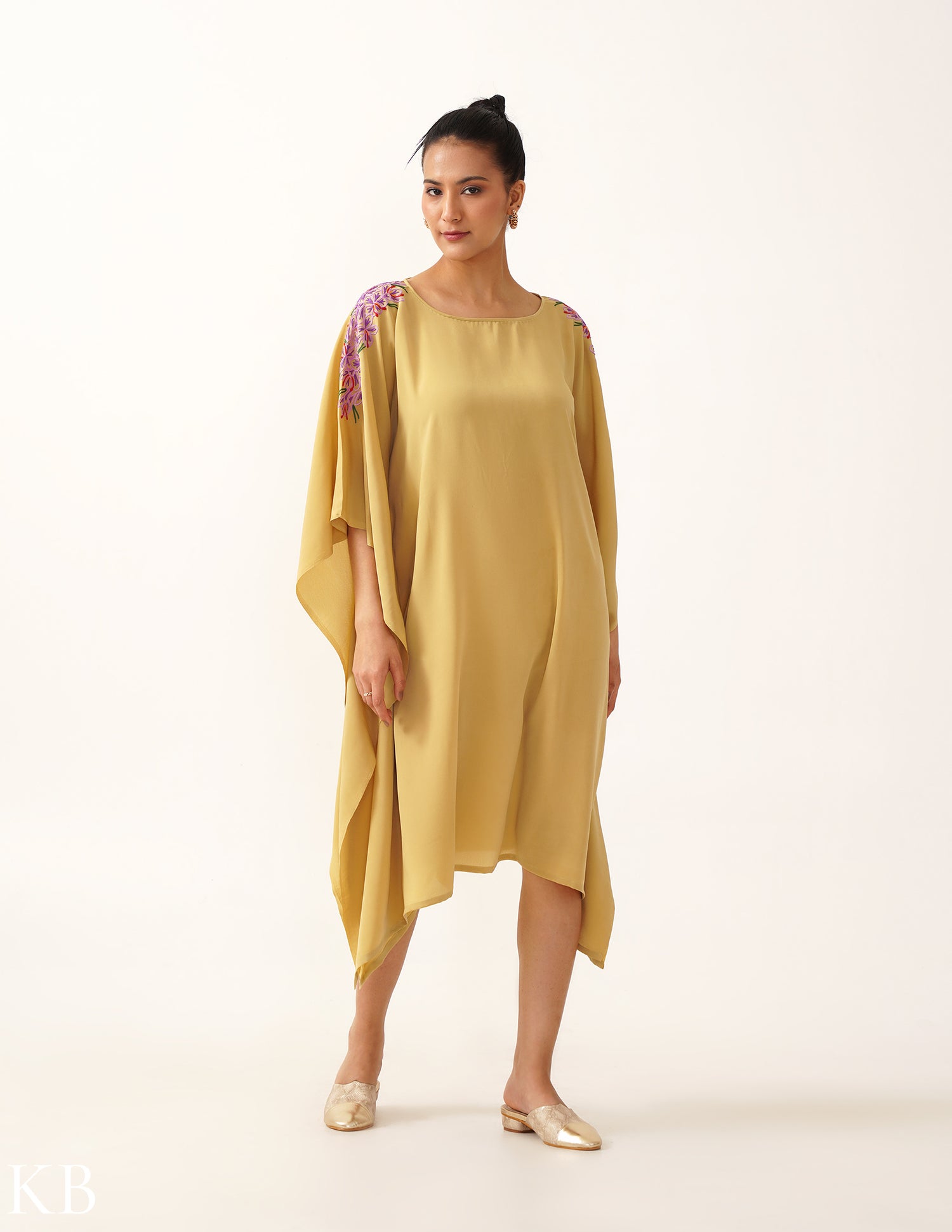 Azafran Hand Embroidered Beige Crepe Kaftan - Kashmir Box