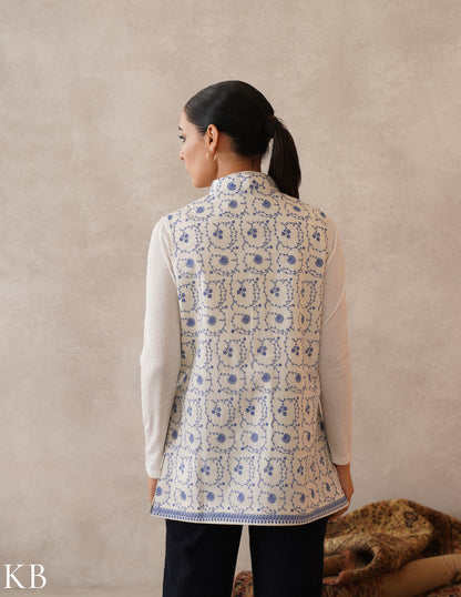 Nayaab Off-White Kashmiri Blue Sozni Fine Wool Waistcoat