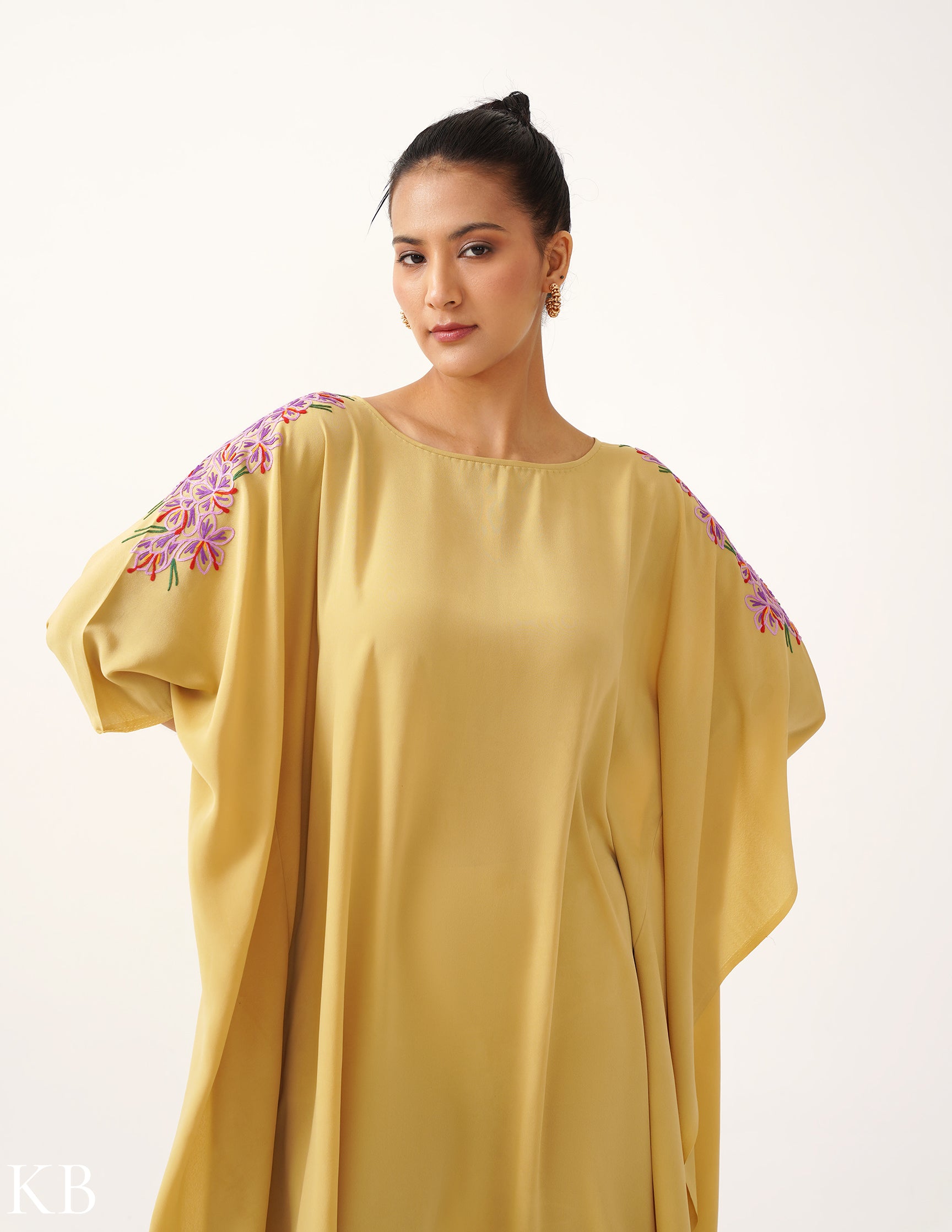 Azafran Hand Embroidered Beige Crepe Kaftan - Kashmir Box