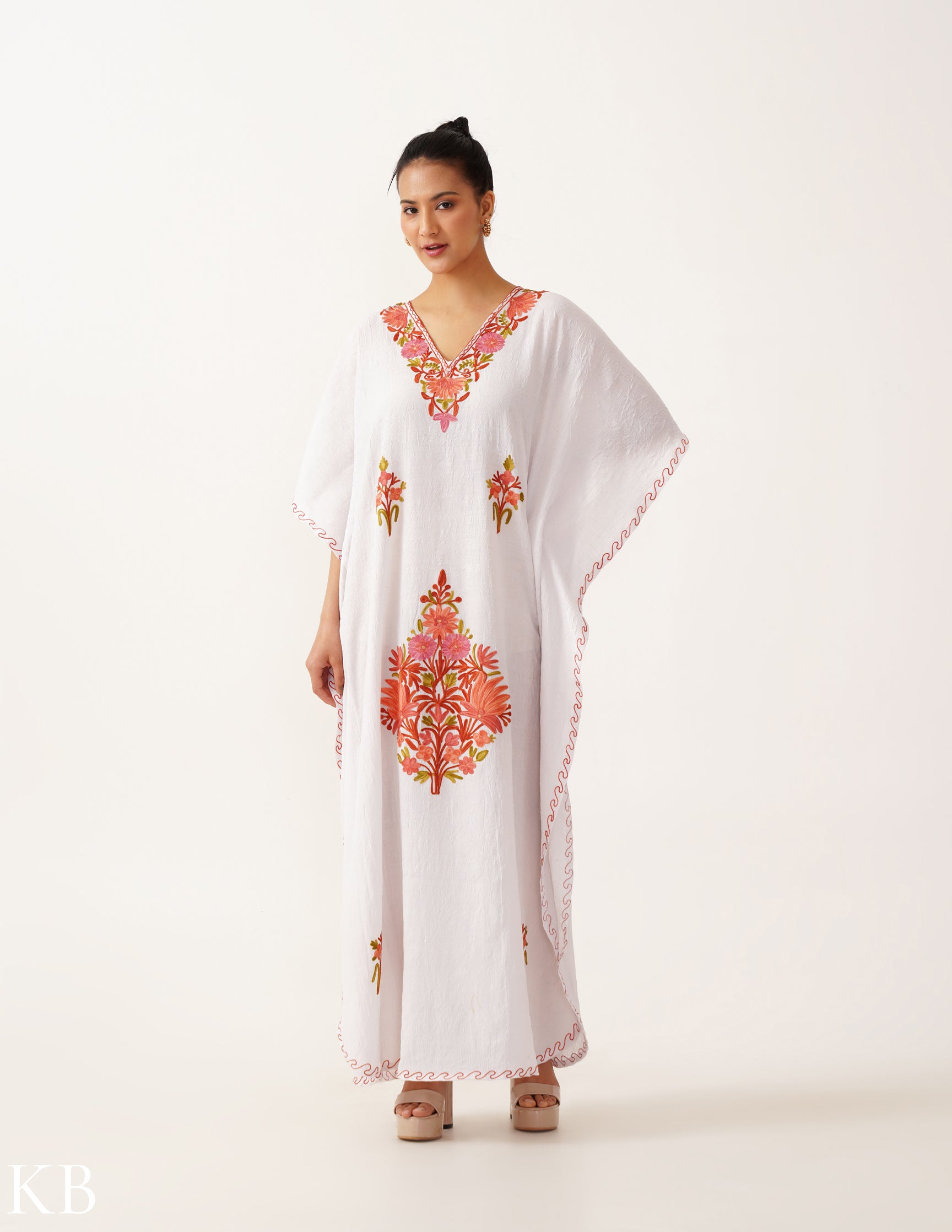 Peachy Tint  Aari Embroidered Crisp White Kaftan - Kashmir Box